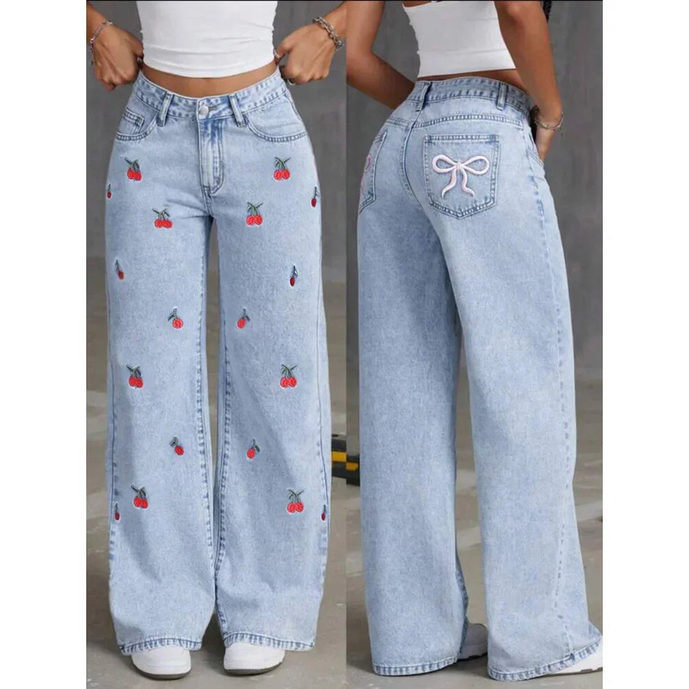 Light wash women's wide-leg high-waisted jeans, embellished with sweet cherry embroidery for a unique casual style.