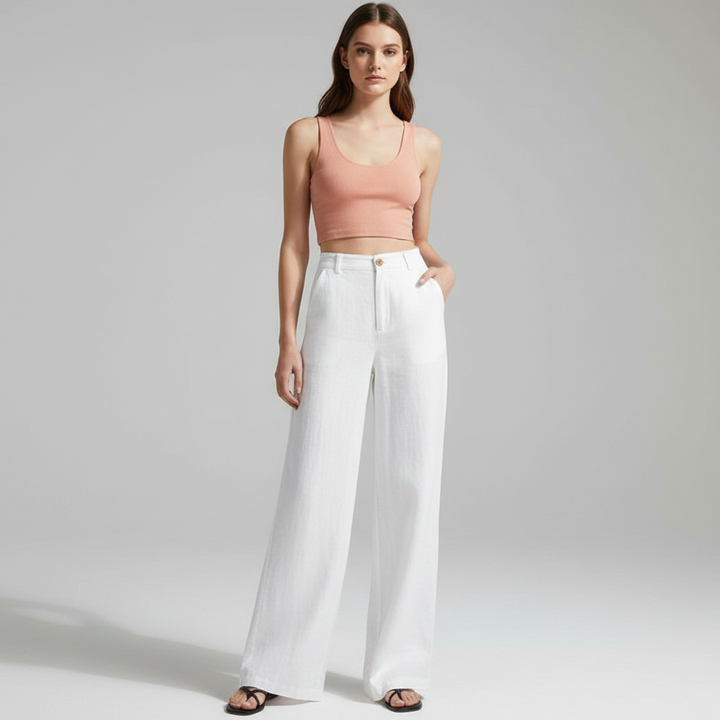 Stylish women's white linen wide-leg trousers with a high waist, suitable for casual or office fashion.