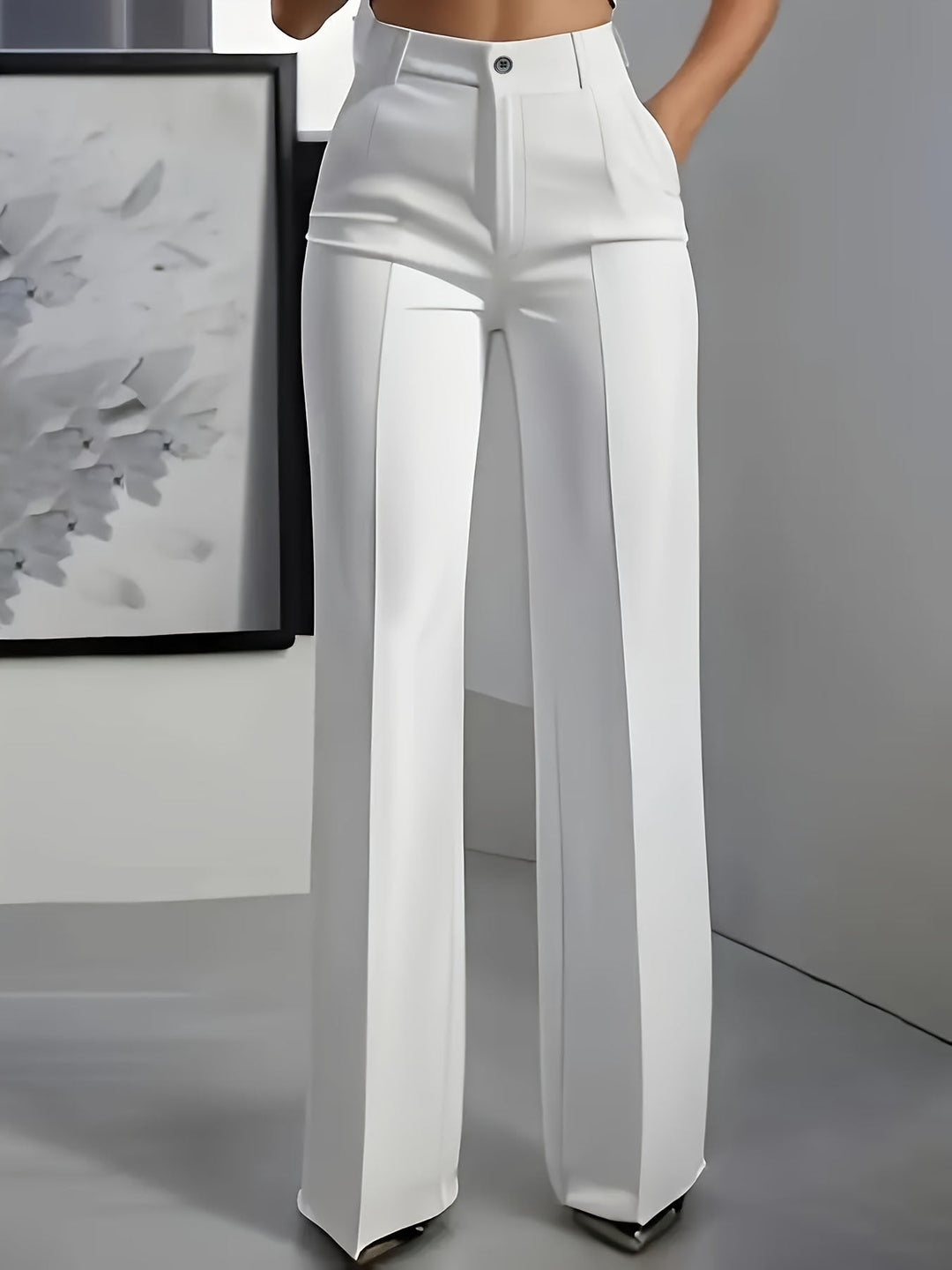 Stylish women's wide-leg high-waist trousers. Structured yet comfortable, ideal for office, work, or casual everyday wear.