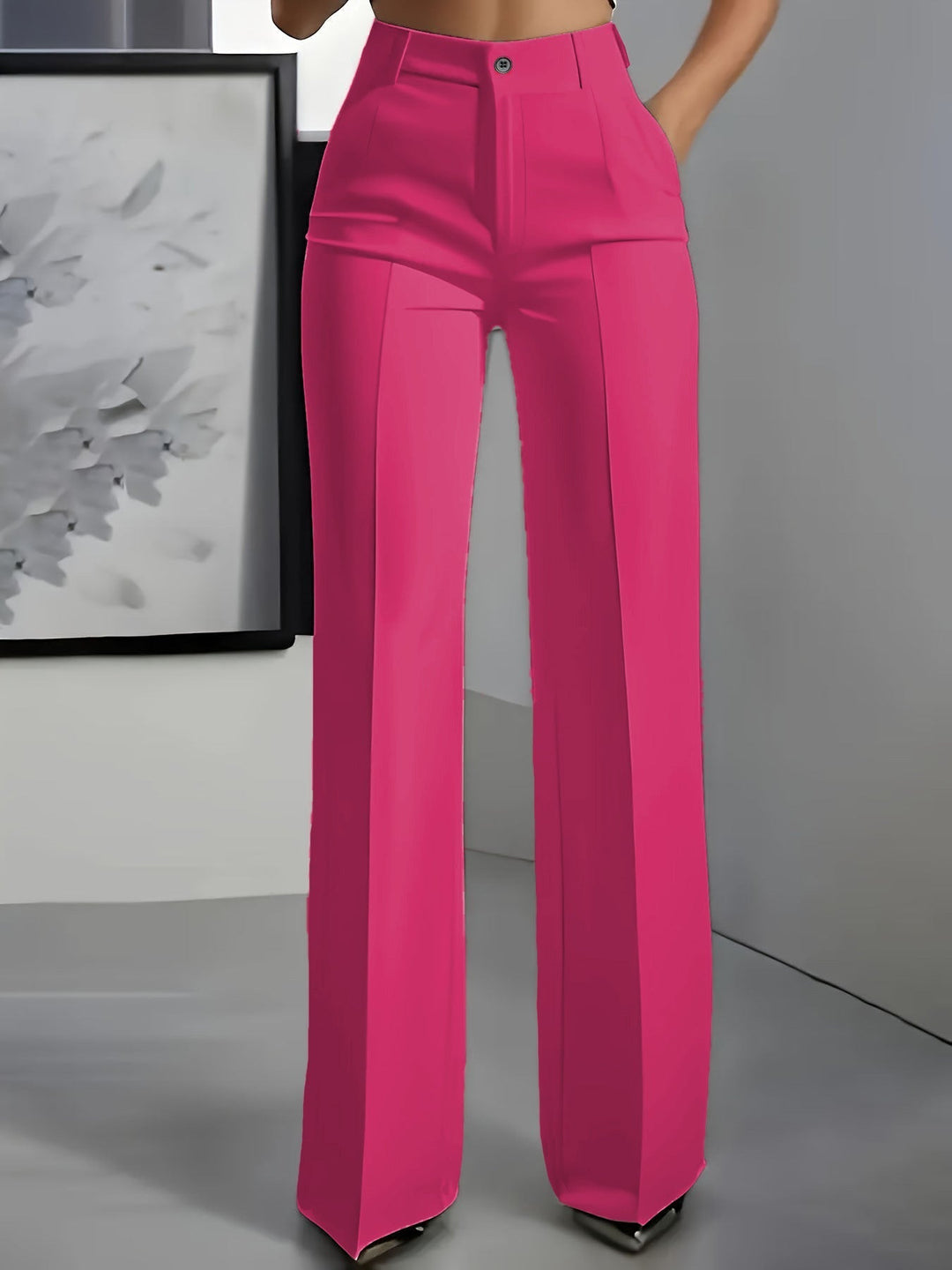 Casual women's wide-leg pants with a high waist and structured fit. Versatile trousers for comfortable everyday fashion.