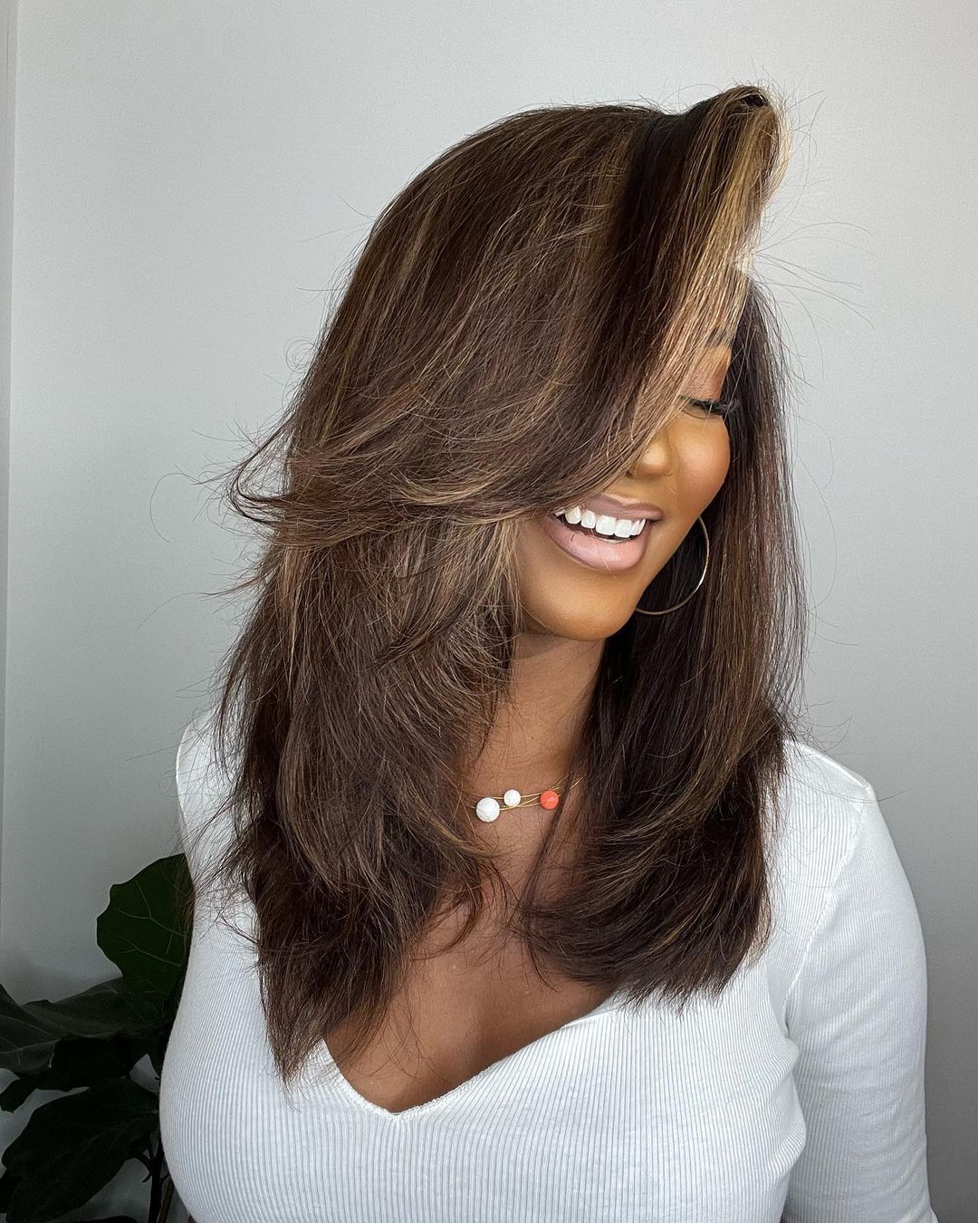 Luxurious dark brown human hair lace front wig with chic blonde highlights. Voluminous wavy style for women.