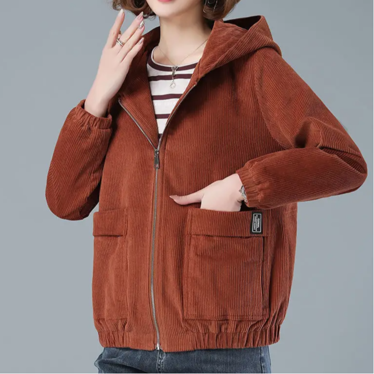 Stylish women's hooded jacket for casual wear. Features zip front, long sleeves, great for all seasons.