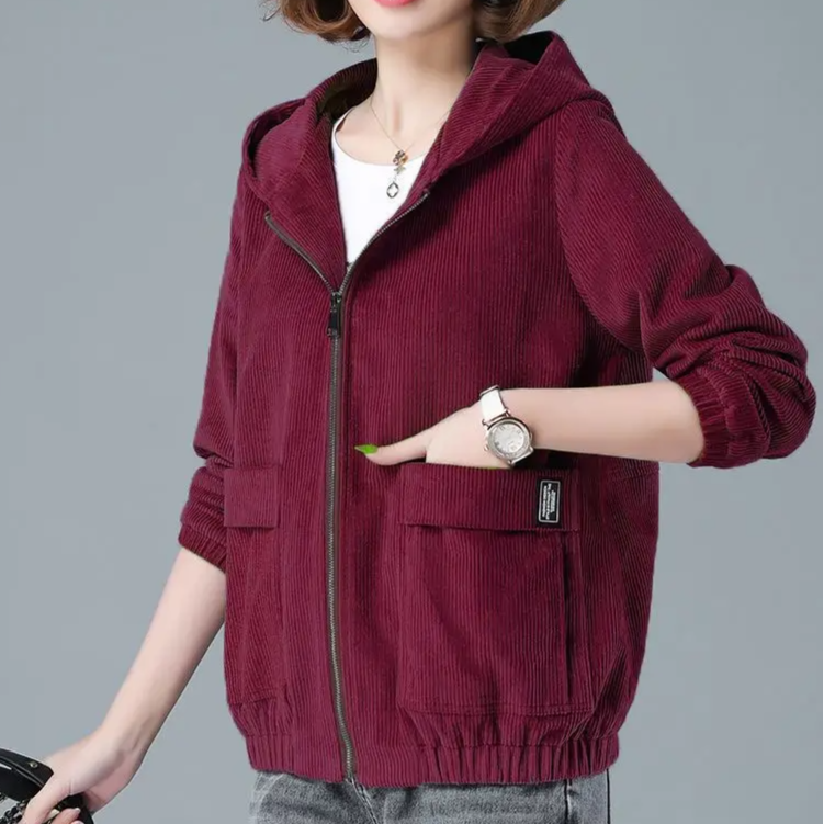 Casual women's hooded outerwear, relaxed fit, zip front closure. A versatile layering piece for all seasons.