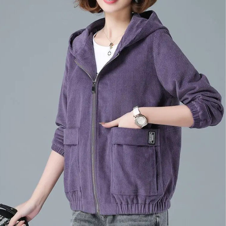 Women's hooded casual jacket. Zip front, long sleeve, relaxed fit, versatile for daily, all-season wear.