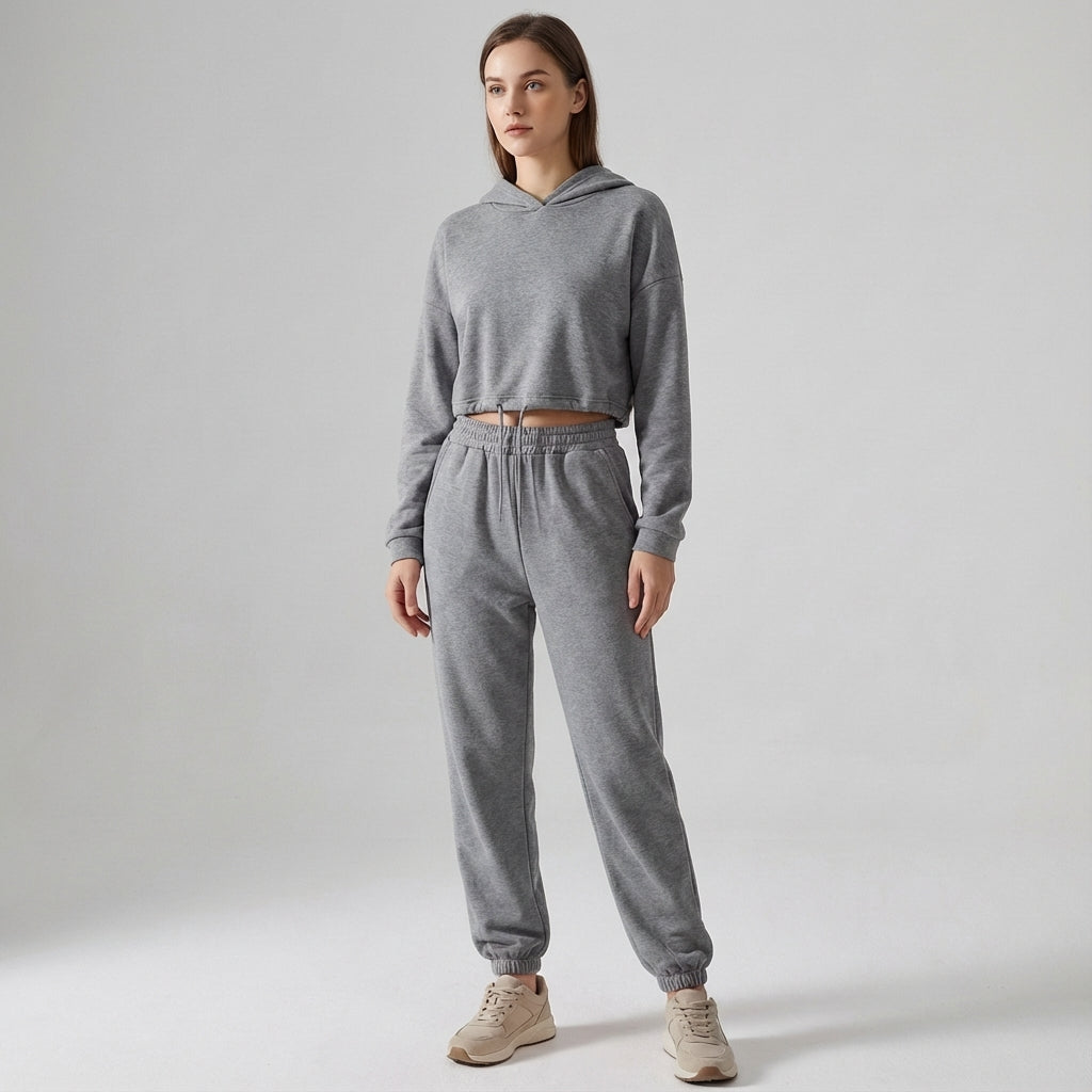 Front view of the women's hooded jogger tracksuit top, featuring a drawstring hood and relaxed fit.