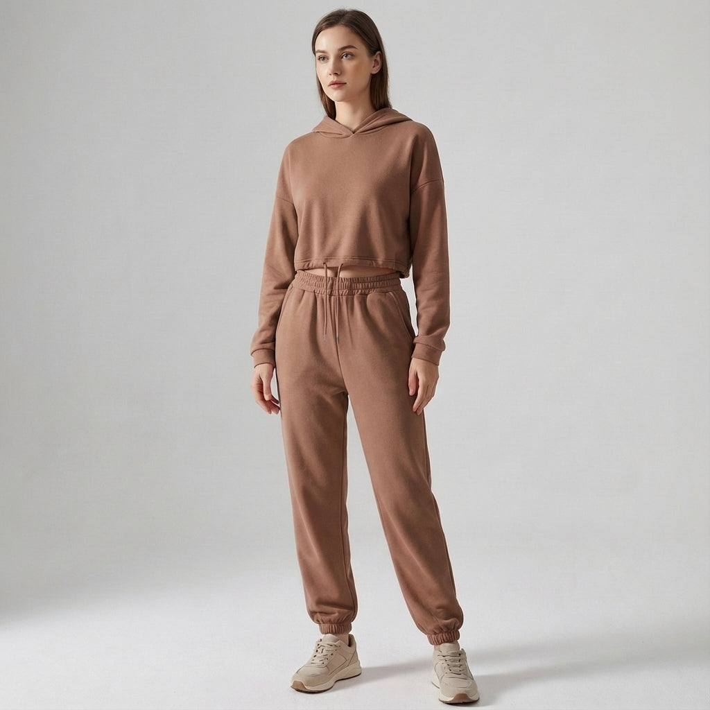 Back view of the women's hooded tracksuit, highlighting the design of the jogger pants and hood.