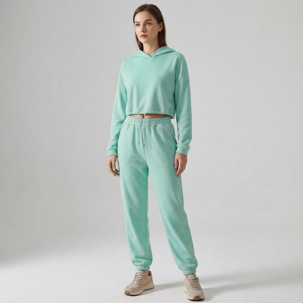 Lifestyle shot of a woman enjoying comfort in her Katherine hooded jogger tracksuit at home.