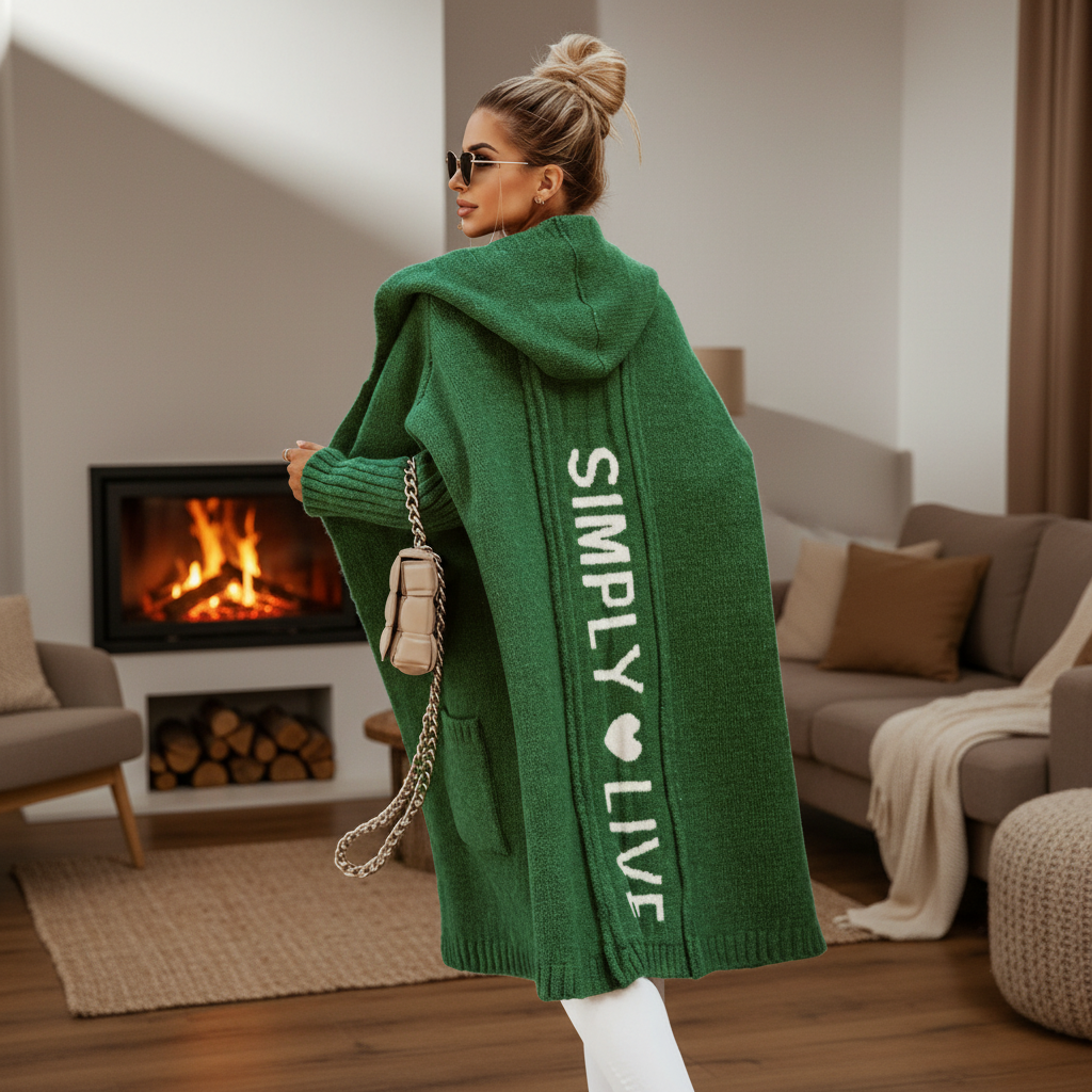 Women's hooded long knit cardigan sweater, casual winter fashion