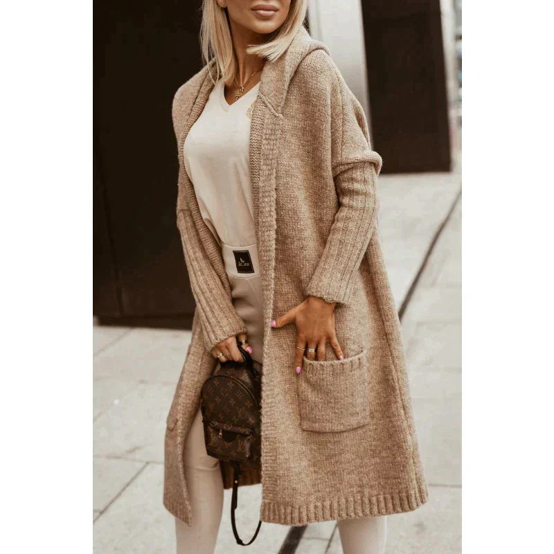 Women's hooded sweater cardigan, cozy and long for winter