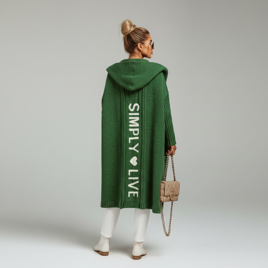 Stylish long knit cardigan for women, hooded and oversized