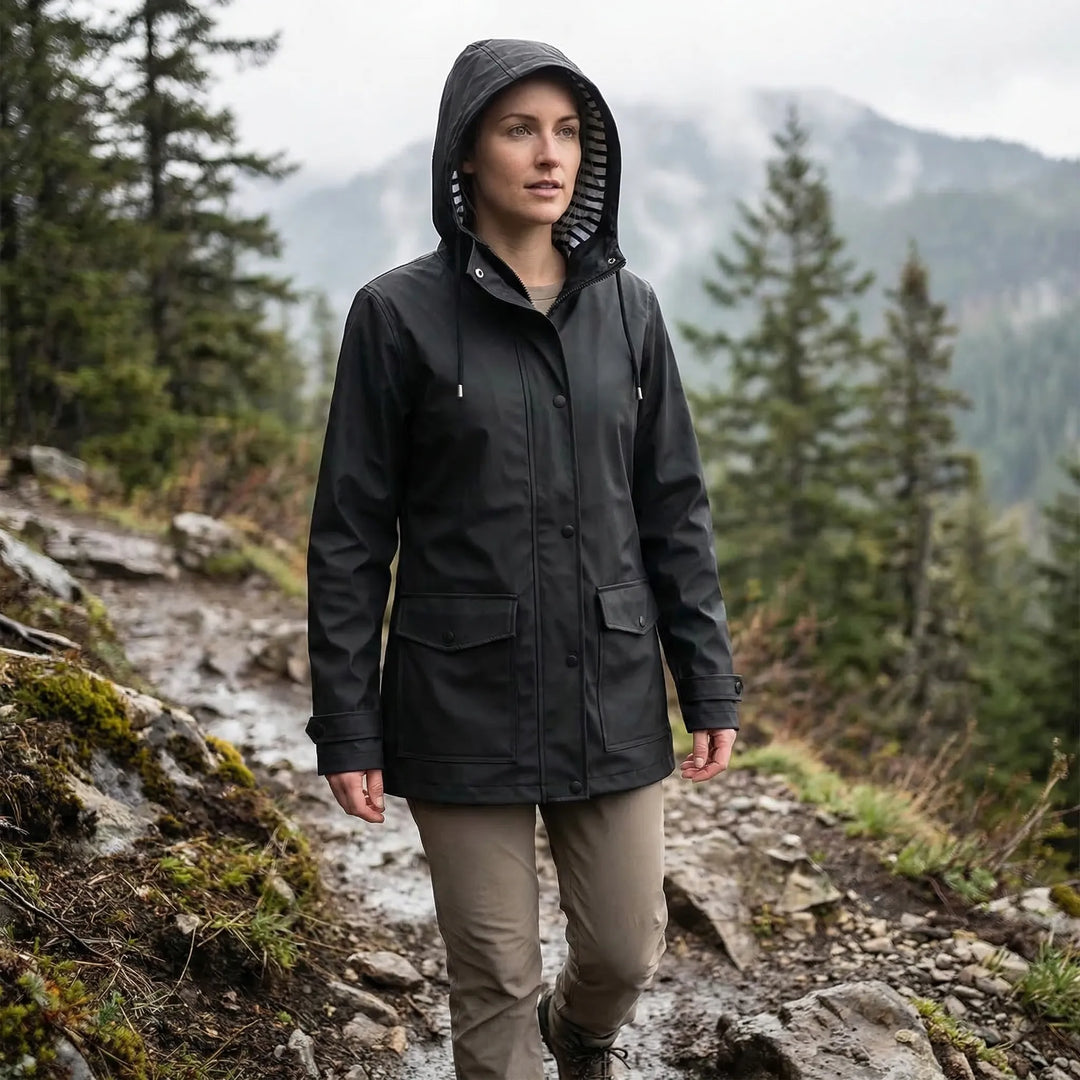 Women's hooded waterproof outdoor jacket for all-weather protection. Stay dry & warm on adventures.