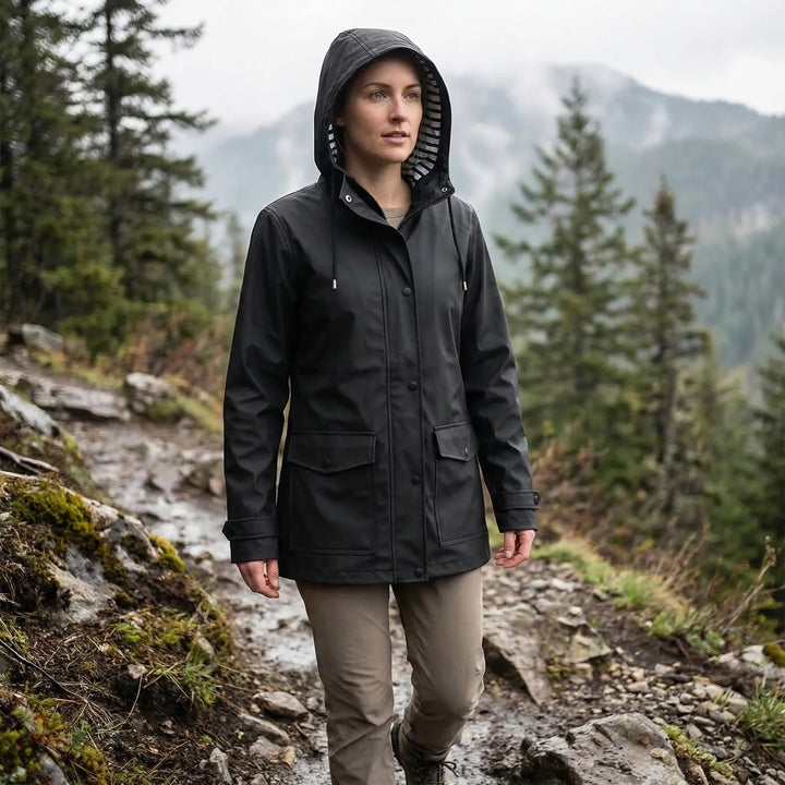 Women's hooded waterproof outdoor jacket for all-weather protection. Stay dry & warm on adventures.
