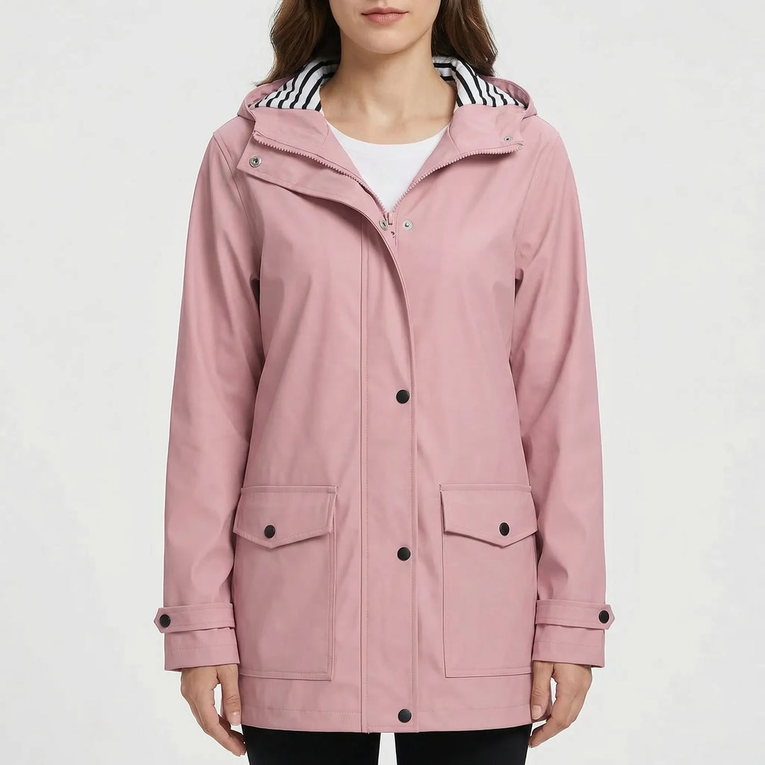 Protective women's hooded waterproof jacket. Reliable outdoor gear for various conditions.