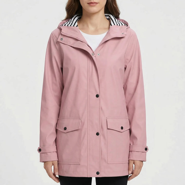 Protective women's hooded waterproof jacket. Reliable outdoor gear for various conditions.