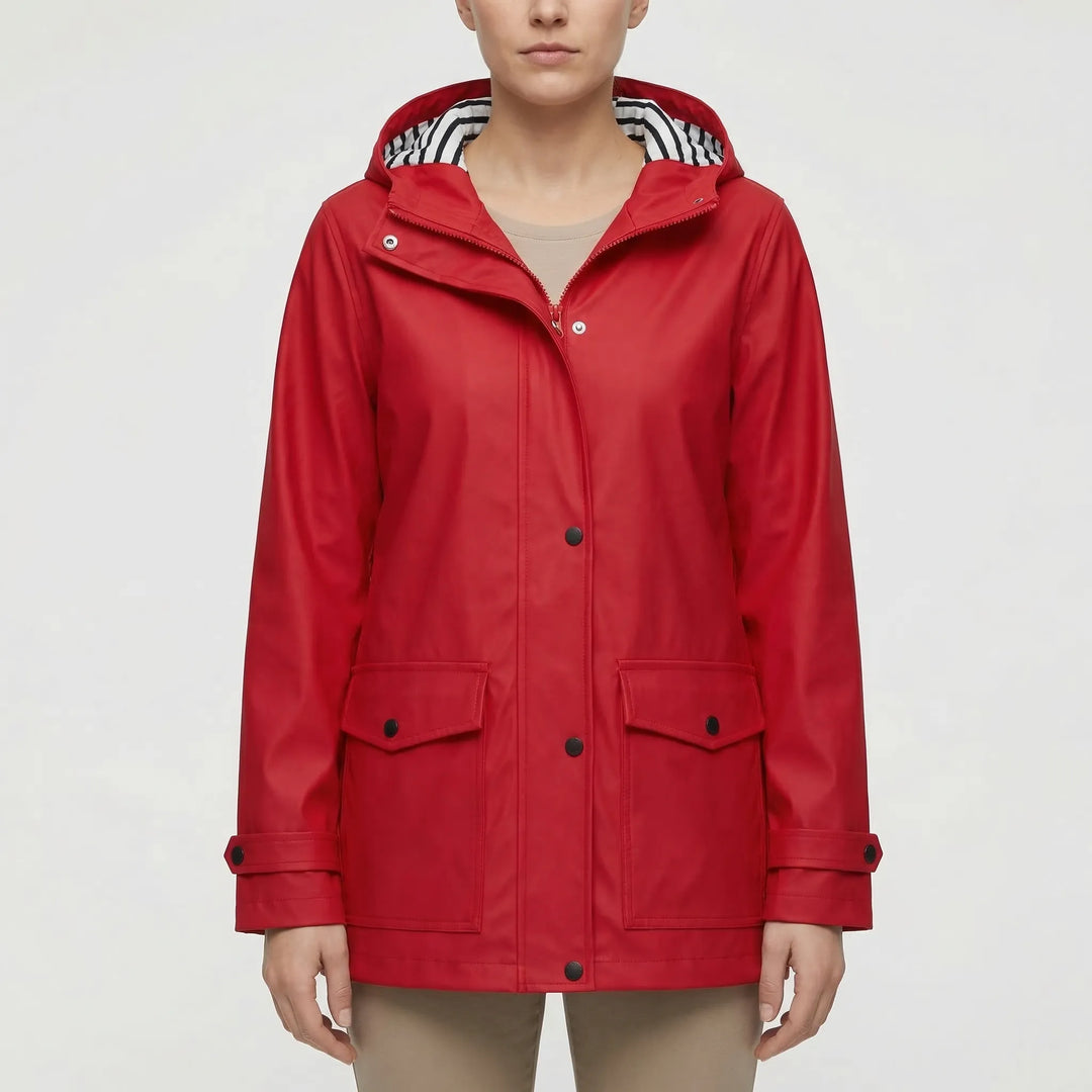 Chic women's hooded waterproof jacket, blending outdoor function with everyday style.