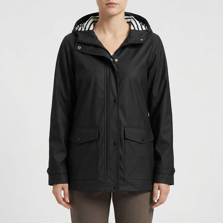 Durable women's waterproof hiking jacket with hood. Ideal outdoor gear for trails & camping.