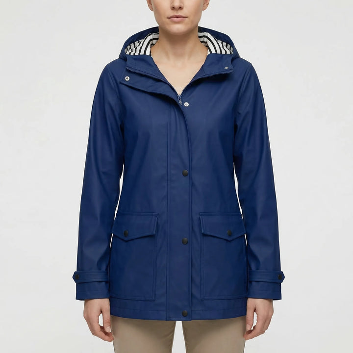 Women's waterproof windbreaker jacket with hood. Excellent for windy outdoor activities & sports.