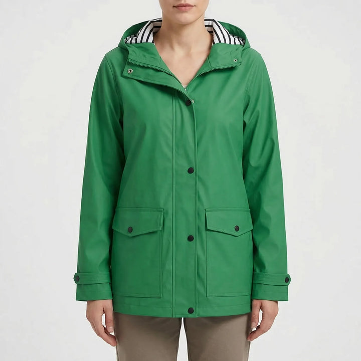 High-performance women's waterproof outdoor jacket, breathable & hooded for comfort.