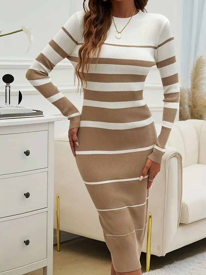 Woman modeling the Horizon Stripe bodycon midi dress, showcasing its flattering silhouette and crew neck.