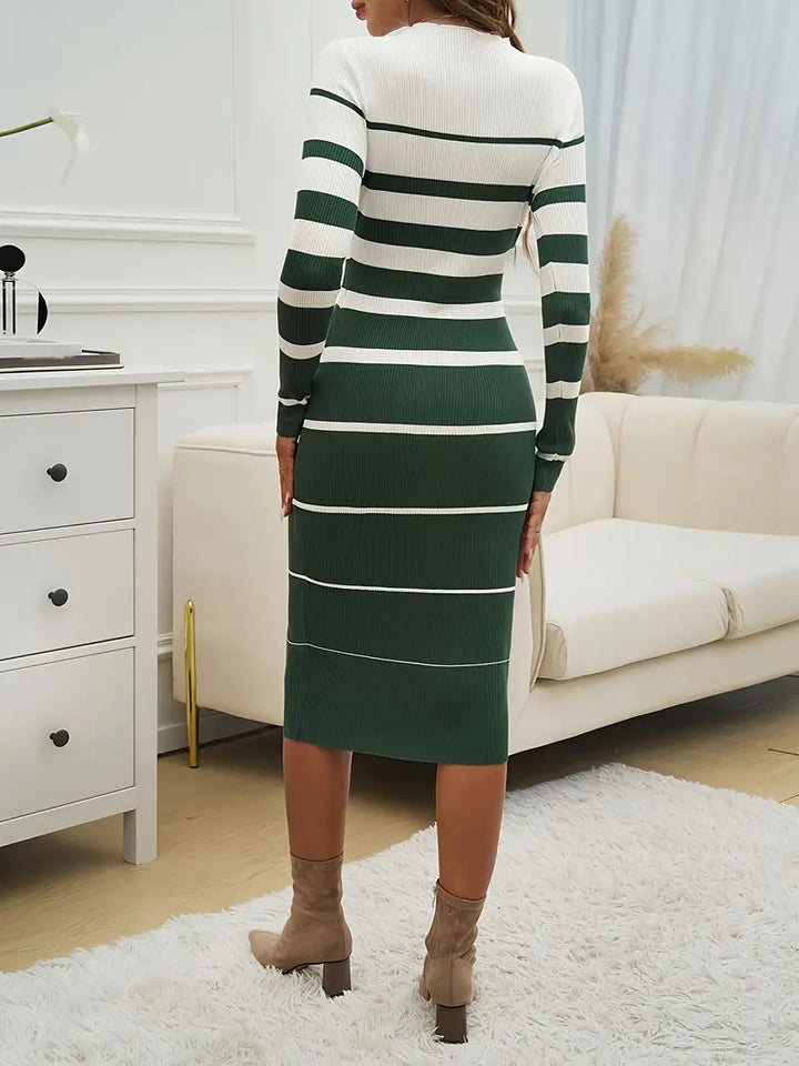 Winter style: Elegant women's Horizon Stripe bodycon midi dress, perfect for cozy yet chic looks.