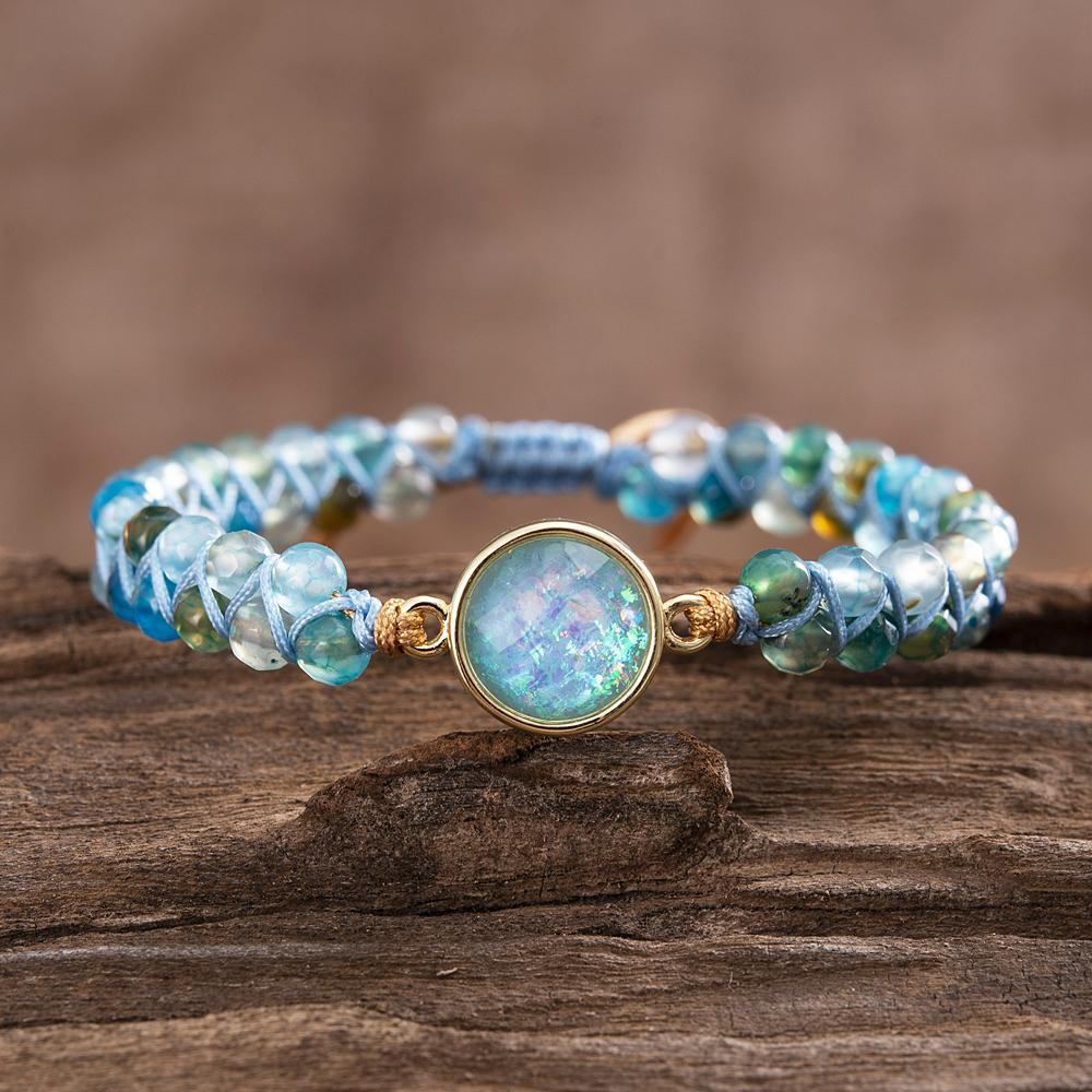 Detail shot of the mesmerizing blue opal and blue quartz stones in the Liora bracelet