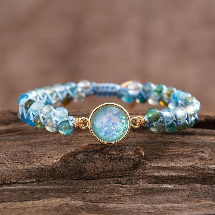 Detail shot of the mesmerizing blue opal and blue quartz stones in the Liora bracelet