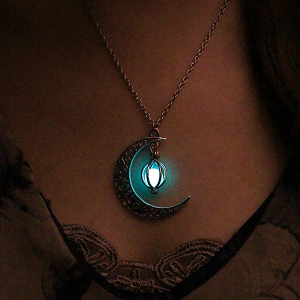 Women's illuminated moonlight necklace featuring a glowing silver moon pendant, unique celestial jewelry for her.