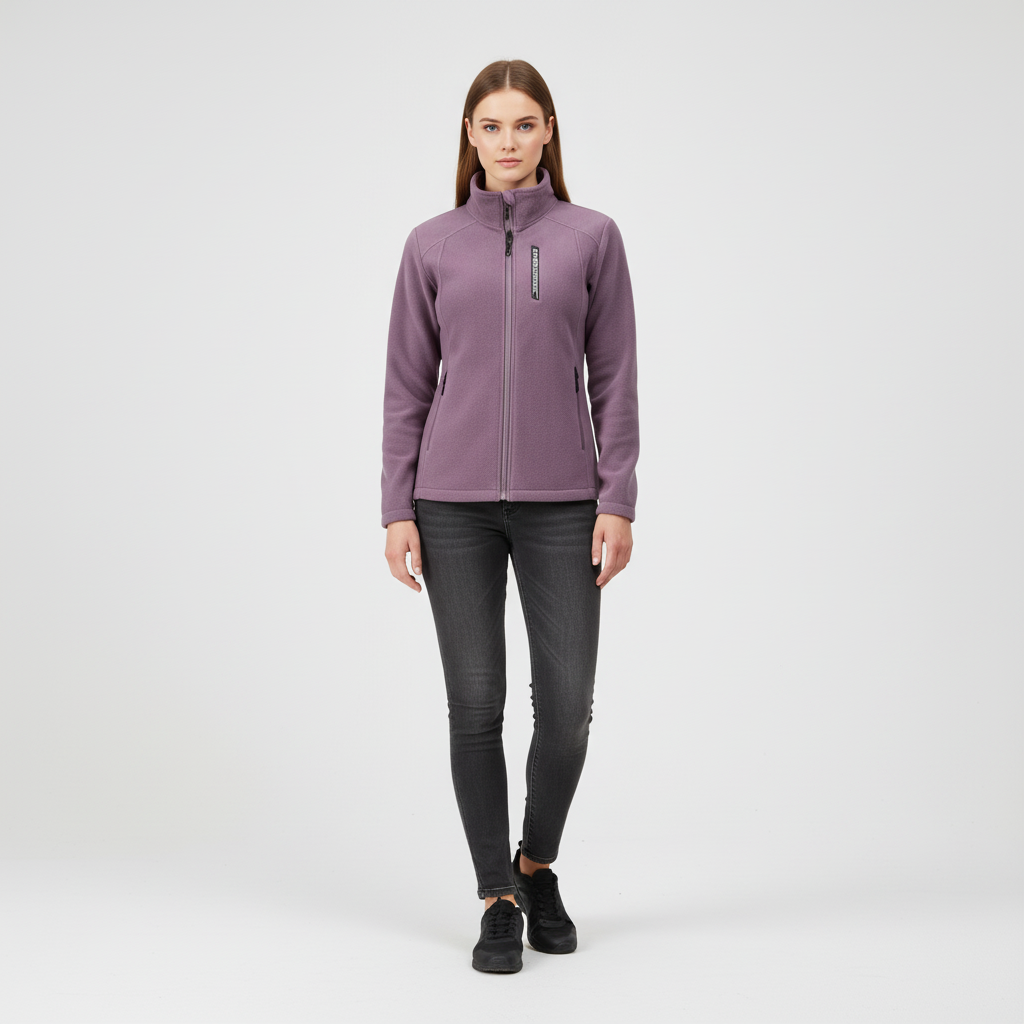 Side view of women's Ingrid fleece outdoor jacket, showcasing flattering cut and zip pockets