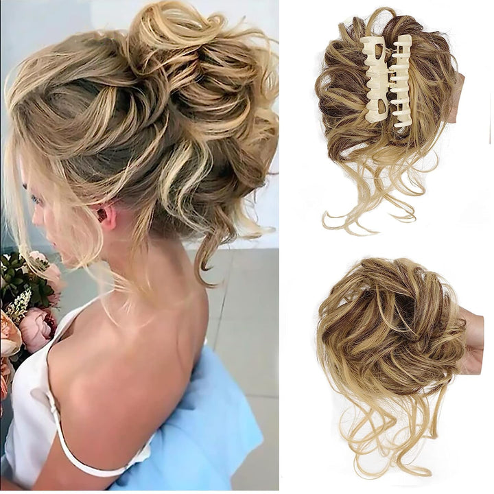 Women's instant messy bun hair extension for added volume, easy to style synthetic hair piece.