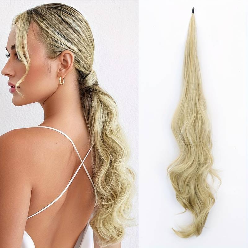 Blonde wavy wrap-around ponytail extension for women, instantly adding volume and length for quick styling.