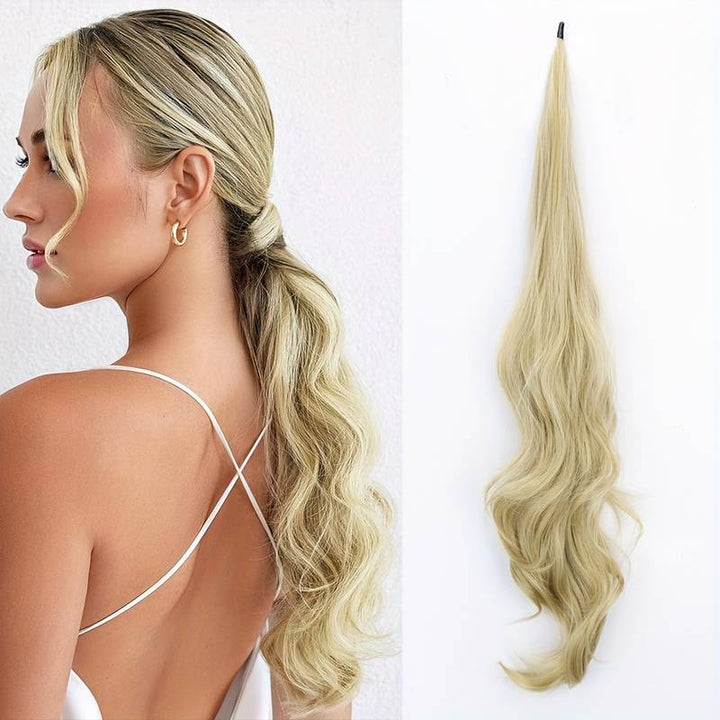 Blonde wavy wrap-around ponytail extension for women, instantly adding volume and length for quick styling.