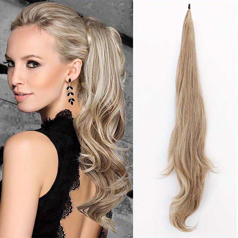 Brunette synthetic wrap-around ponytail extension, perfect for instant hair volume and a chic, wavy style.