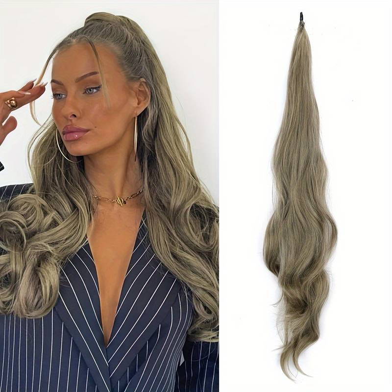 Black wavy wrap-around ponytail hair extension, offering instant volume and a stylish, easy-to-wear look.
