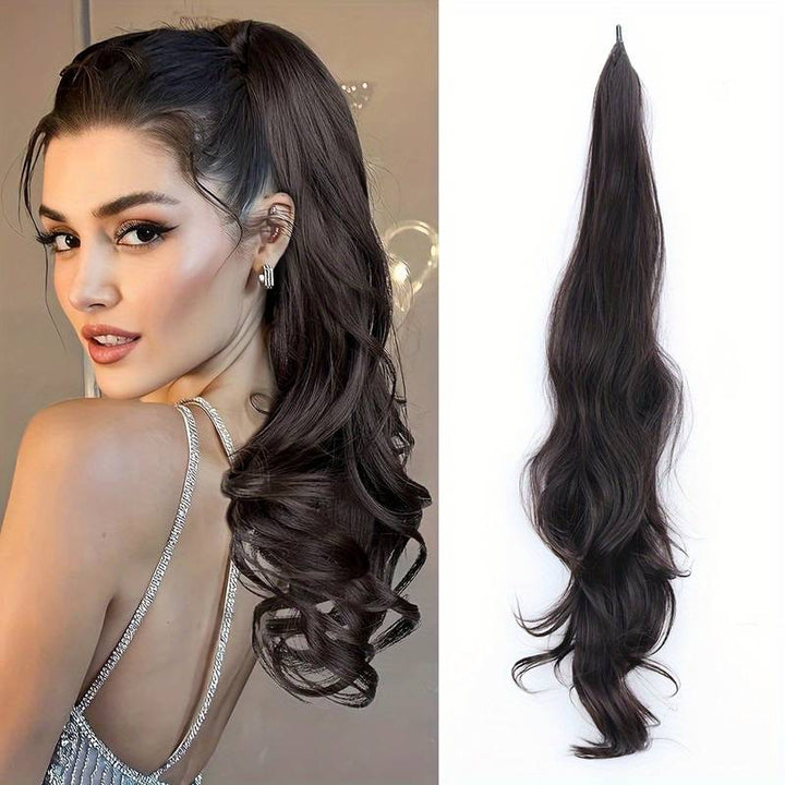 Copper wavy wrap-around ponytail extension for women, boosting hair volume instantly with a natural look.