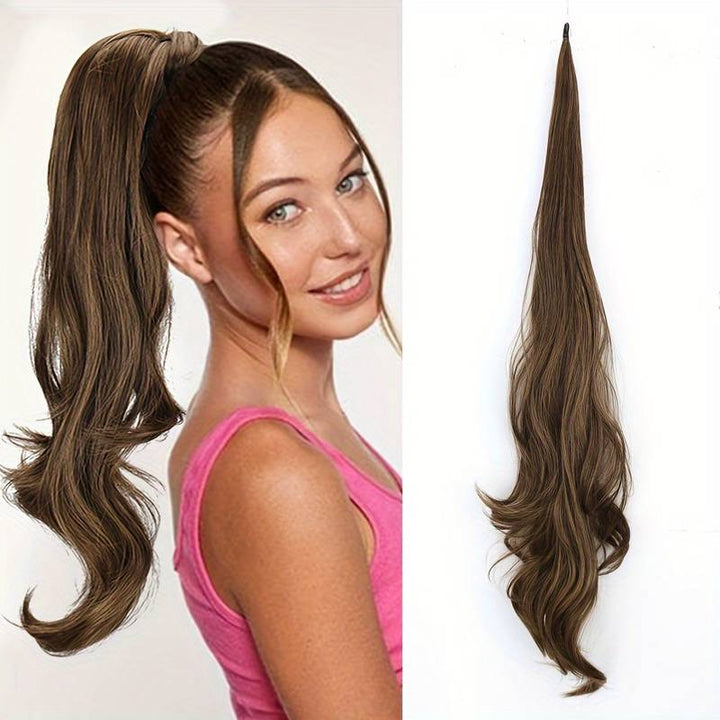 Instant wrap-around ponytail extension, designed for women to quickly add significant hair volume and style.