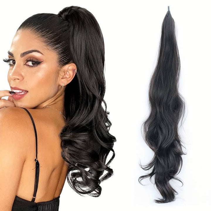 Synthetic wavy wrap-around ponytail extension for a quick and easy style, enhancing hair volume instantly.