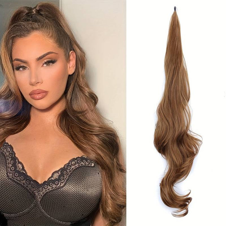 Easy-to-use wrap-around ponytail hair extension for women, providing instant volume and a beautiful wavy style.