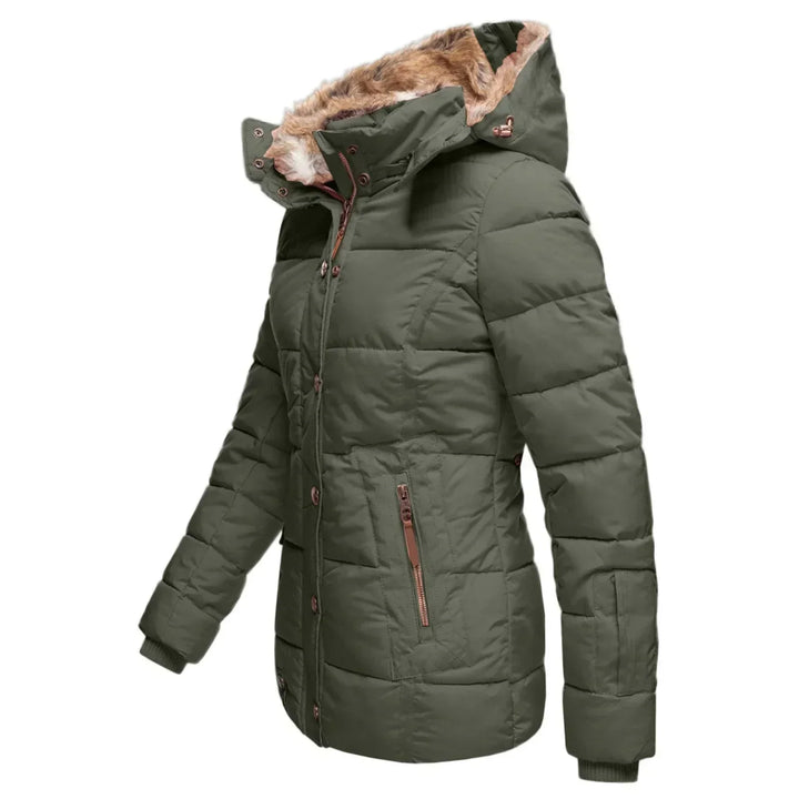 Women's insulated hooded winter jacket in black, ideal for cold weather, featuring faux fur trim.