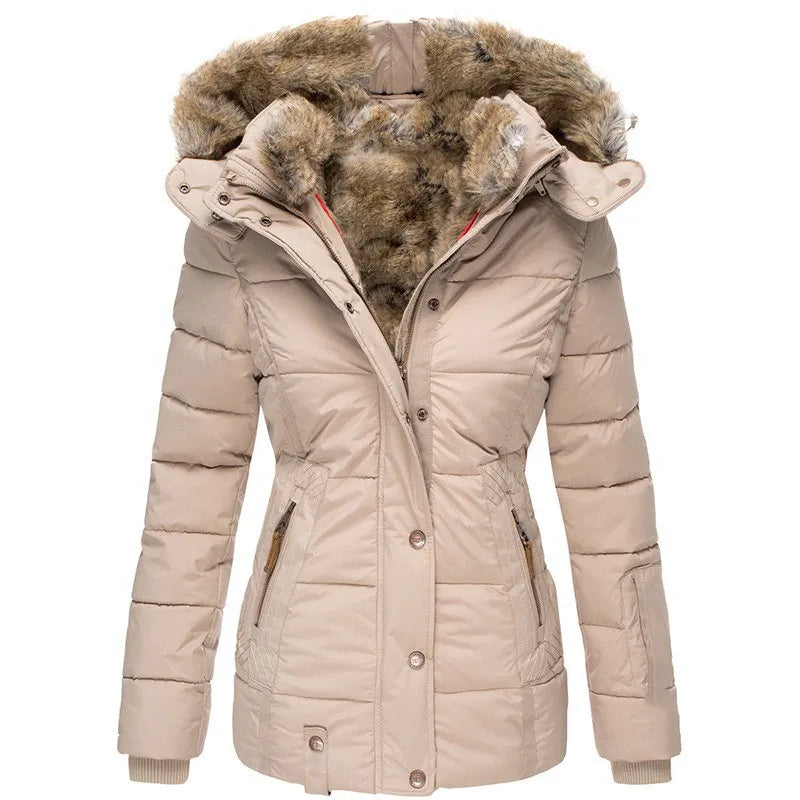 Women's warm, insulated winter jacket, hooded for extra protection in cold weather.