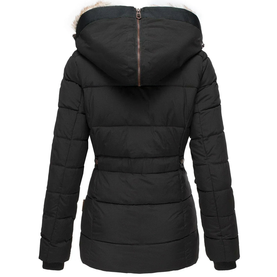 Chic women's warm winter coat with insulated hood, perfect for everyday cold weather outerwear.