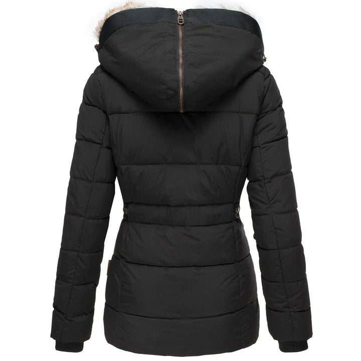 Chic women's warm winter coat with insulated hood, perfect for everyday cold weather outerwear.