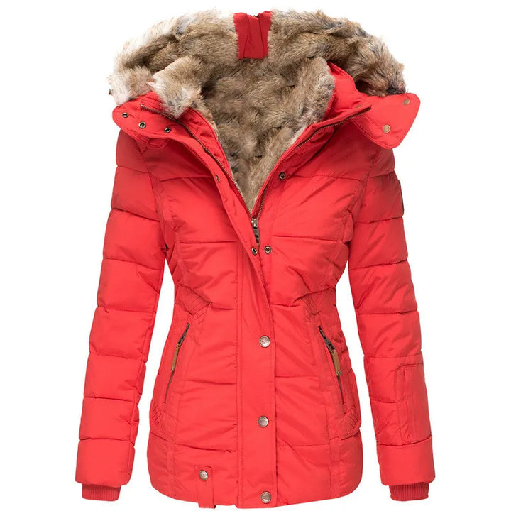 Chic ladies' hooded winter coat, insulated and versatile for cold weather fashion.