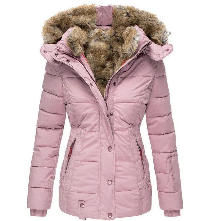 Women's cold weather jacket, insulated and hooded, offering superior warmth & style.