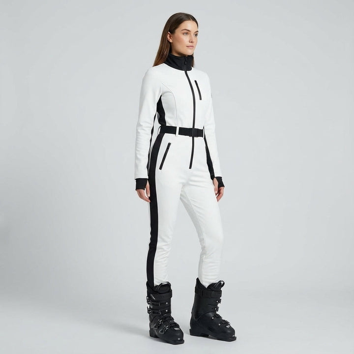 Waterproof women's insulated ski suit with stylish belt and full zip