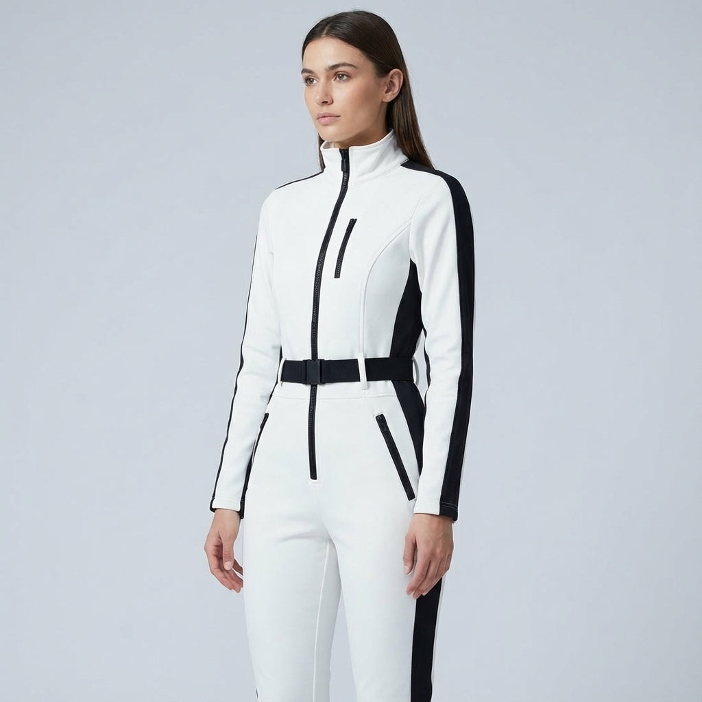 Belted insulated women's ski suit, durable winter sports apparel and outerwear
