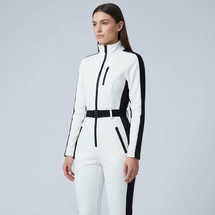 Belted insulated women's ski suit, durable winter sports apparel and outerwear
