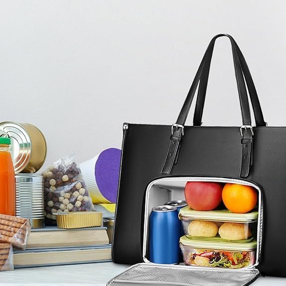 Women's insulated lunch tote with separate padded laptop compartment, ideal for work and travel.