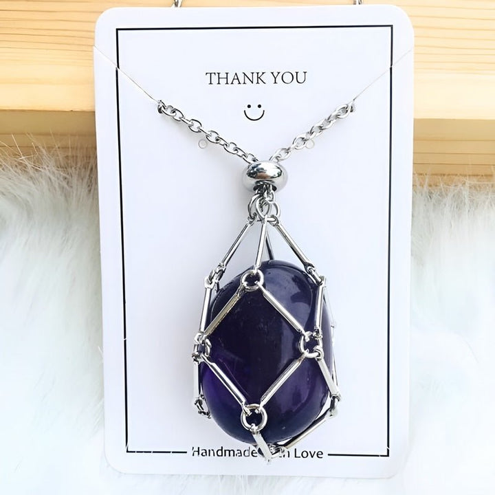 Women's interchangeable crystal holder necklace with gemstone pendant. Spiritual jewelry for healing crystals.