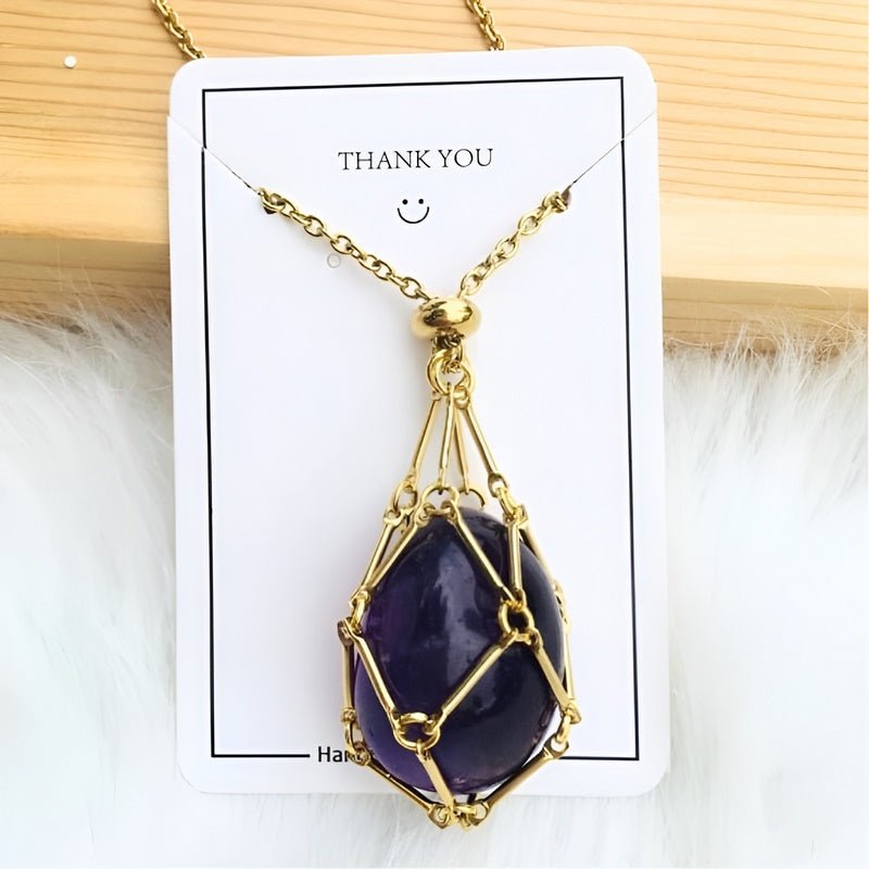 Collection of interchangeable gemstone pendants in crystal holder necklaces for women. Natural stone jewelry.