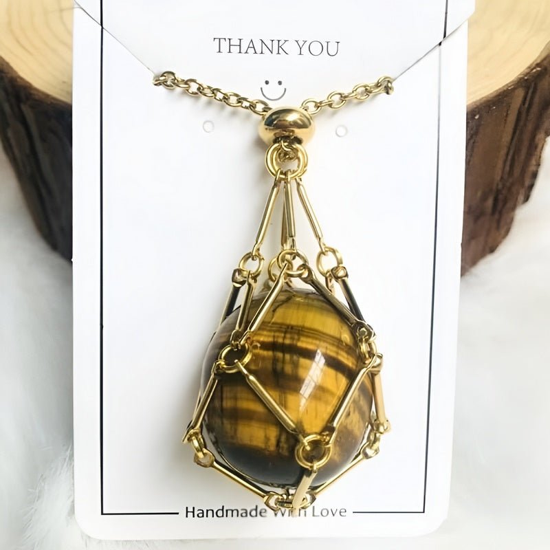 Gold women's necklace, crystal holder for spiritual gemstones. Interchangeable pendant for natural stones.